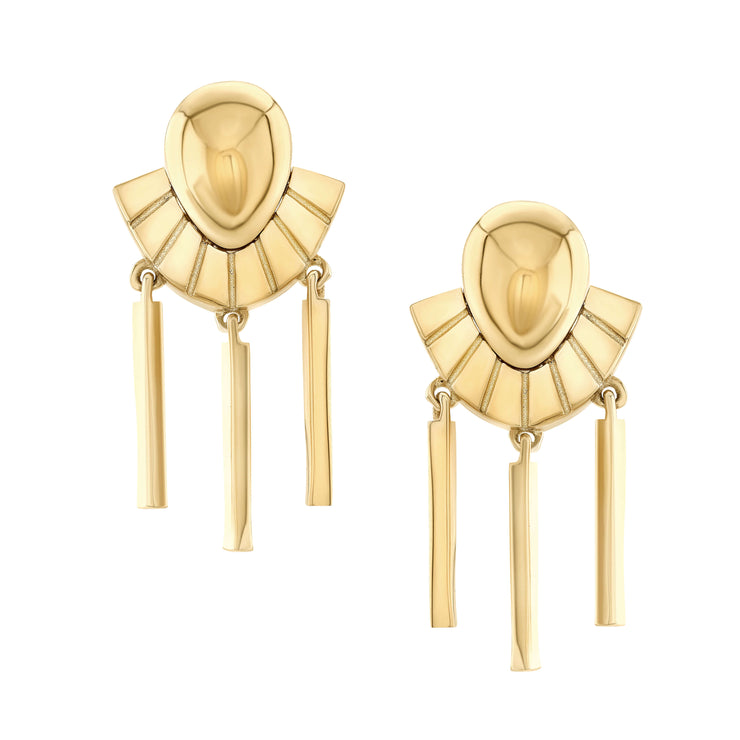 14K solid gold stud drop earrings with fringe accent. High polish and textured gold finish. 