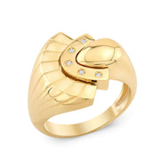 14K solid gold statement ring with natural diamond and textured gold accents. 