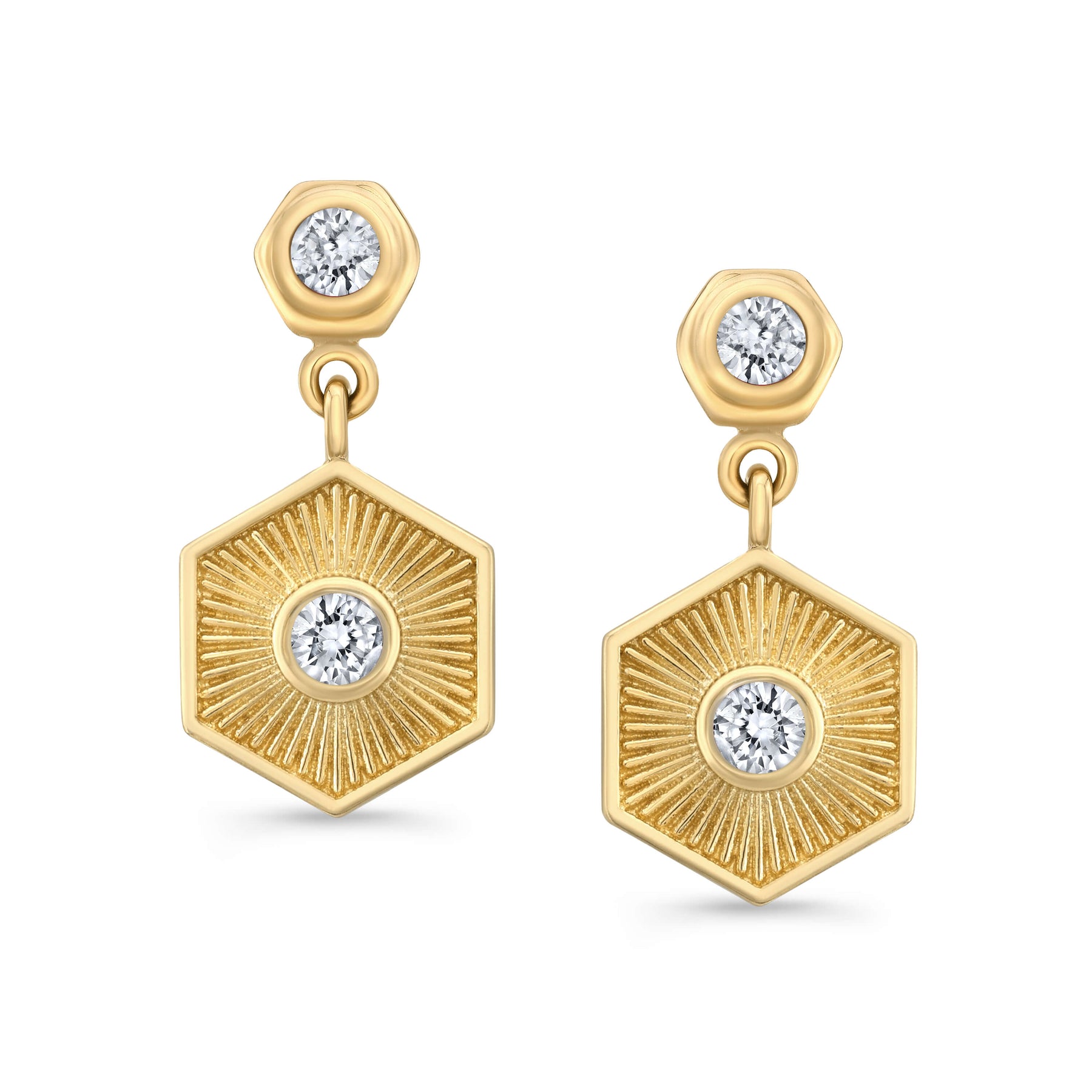 Prism Drop Earrings—14K gold textured hexagon earrings with